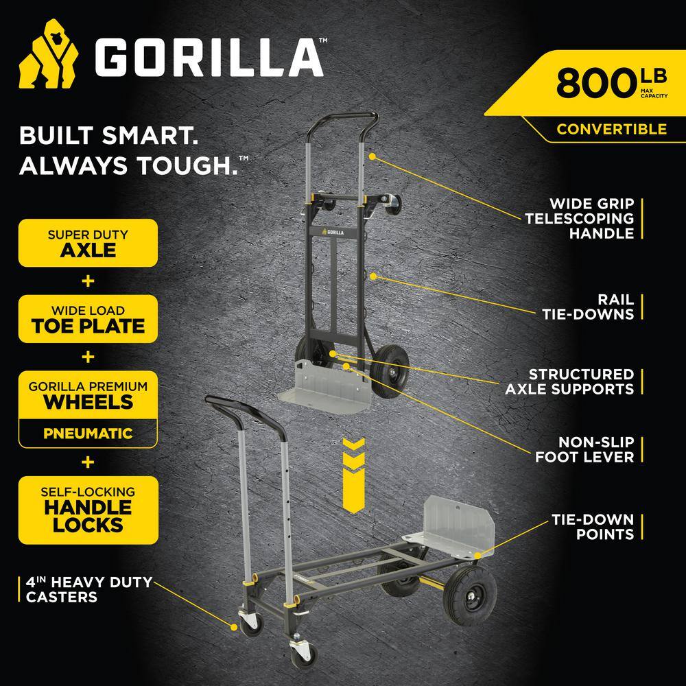Gorilla 800 lbs. Capacity Convertible Steel Hand Truck, Wide Dual Mode Adjustable Height Handle, Simple/Safe Flatbed Conversion GH2-8