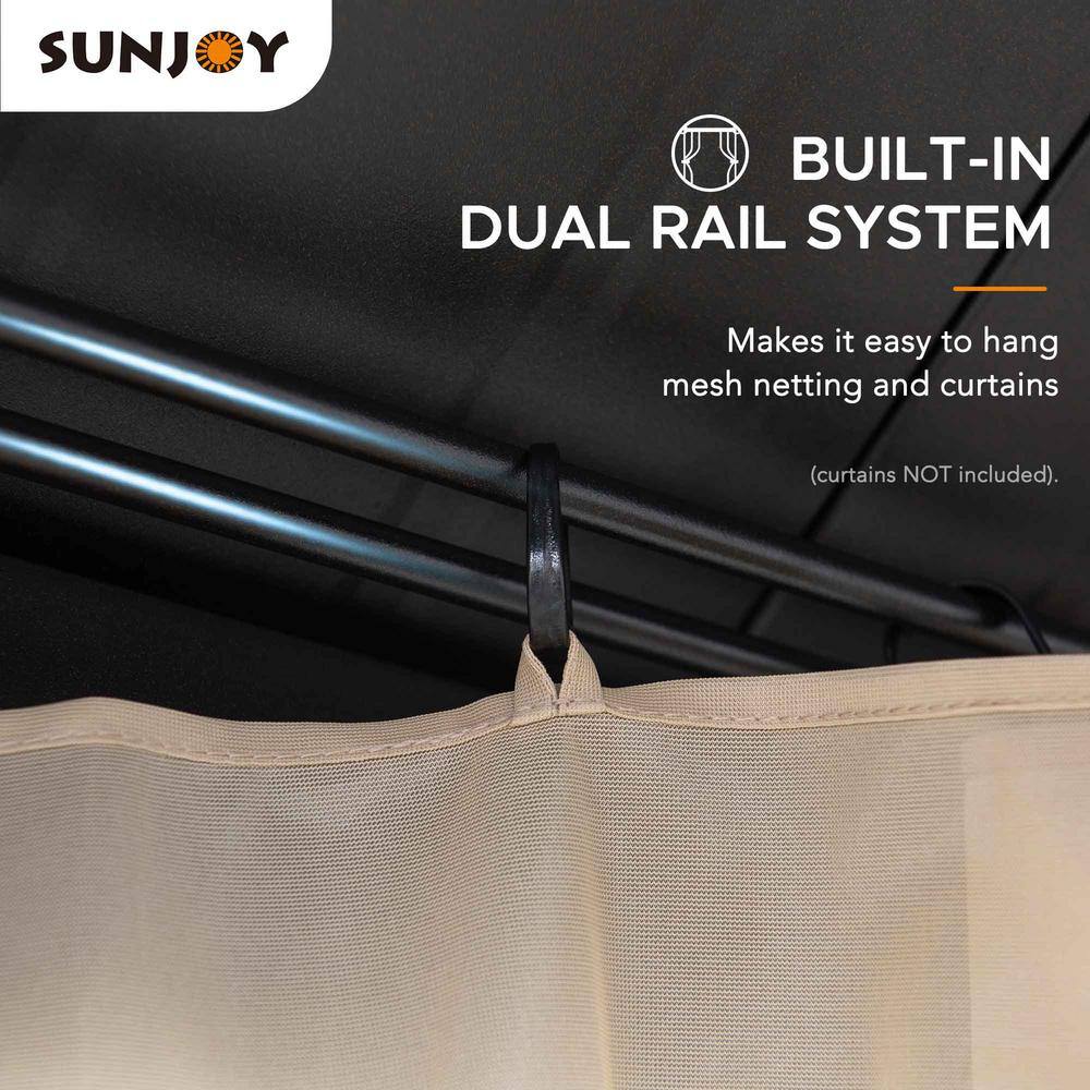 Sunjoy 11 ft. x 13 ft. Black Power-Coated 2-Tier Steel Roof Backyard Hardtop Gazebo with Metal Ceiling Hook and Netting A102006920