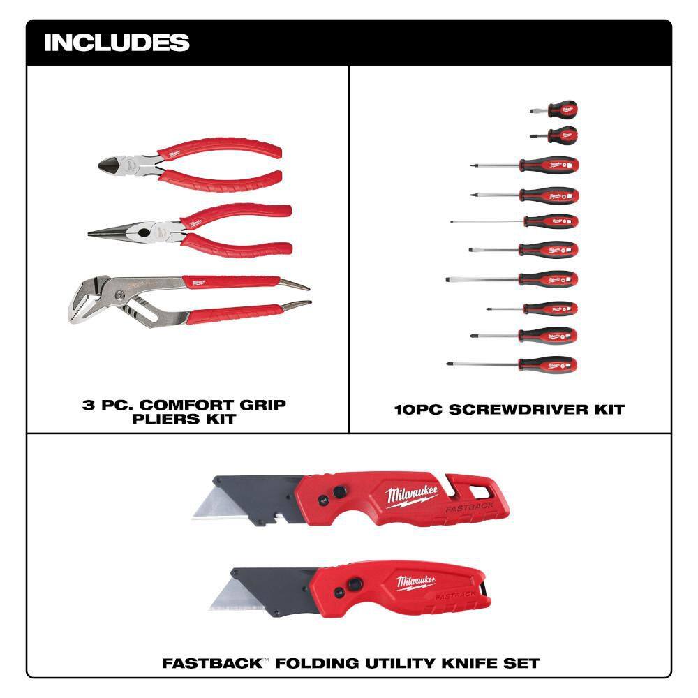 Milwaukee Combination Screwdriver Set with Pliers Kit and FASTBACK Folding Utility Knife Set (15-Piece) 48-22-2710-48-22-6331-48-22-1503