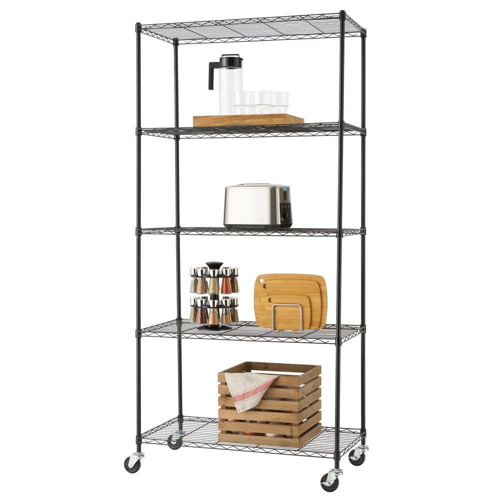 TRINITY Black 5-Tier Rolling Steel Wire Shelving Unit (36 in. W x 76 in. H x 18 in. D) TBFPB-0933