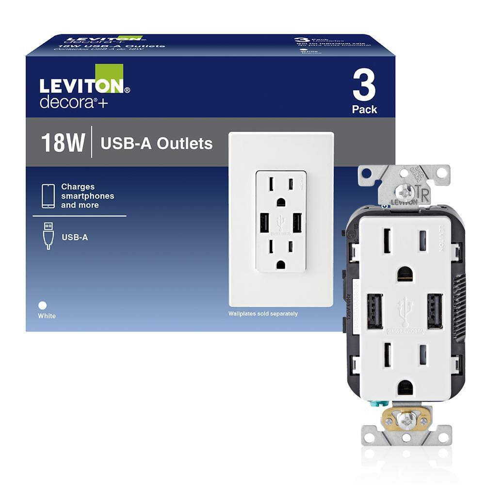 Leviton 15 Amp Decora Combination Tamper Resistant Duplex Outlet and USB Charger, White (3-Pack) T5632-3BW M02-T5632-3BW