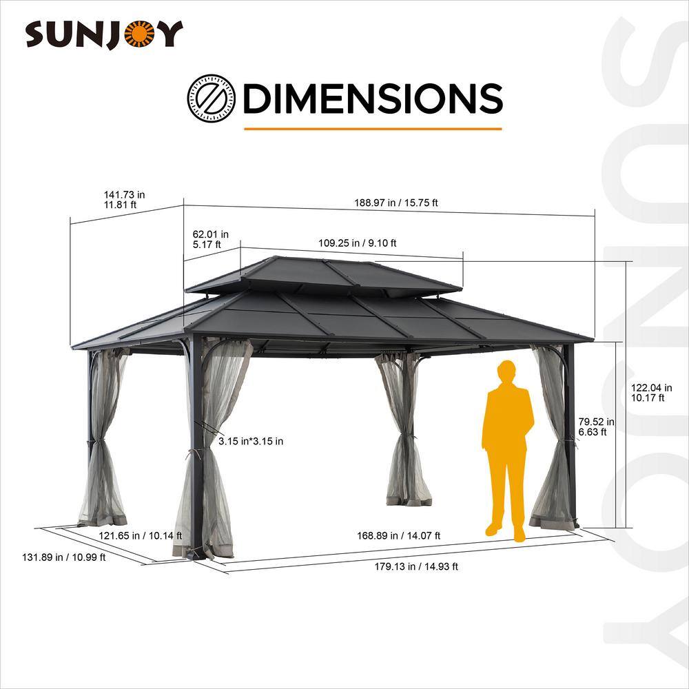 Sunjoy 12 ft. x 16 ft. Black Steel Gazebo with 2-tier Hip Roof Hardtop and Ceiling Hook and Removable Netting Sidewalls A102009141