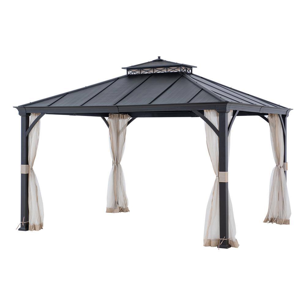 Sunjoy 11 ft. x 13 ft. Black Power-Coated 2-Tier Steel Roof Backyard Hardtop Gazebo with Metal Ceiling Hook and Netting A102006920