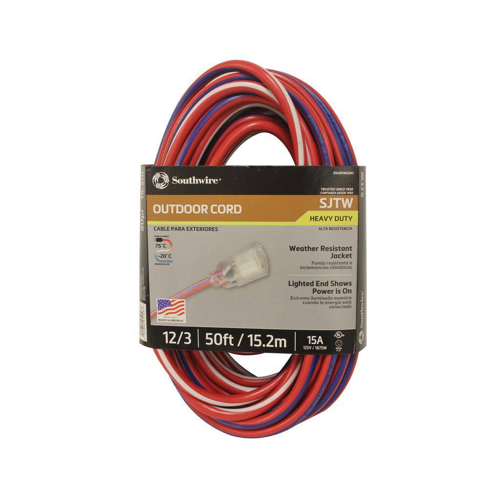 Southwire 50 ft. 12/3 SJTW USA Outdoor Heavy-Duty Extension Cord with Power Light Plug 2548SWUSA1