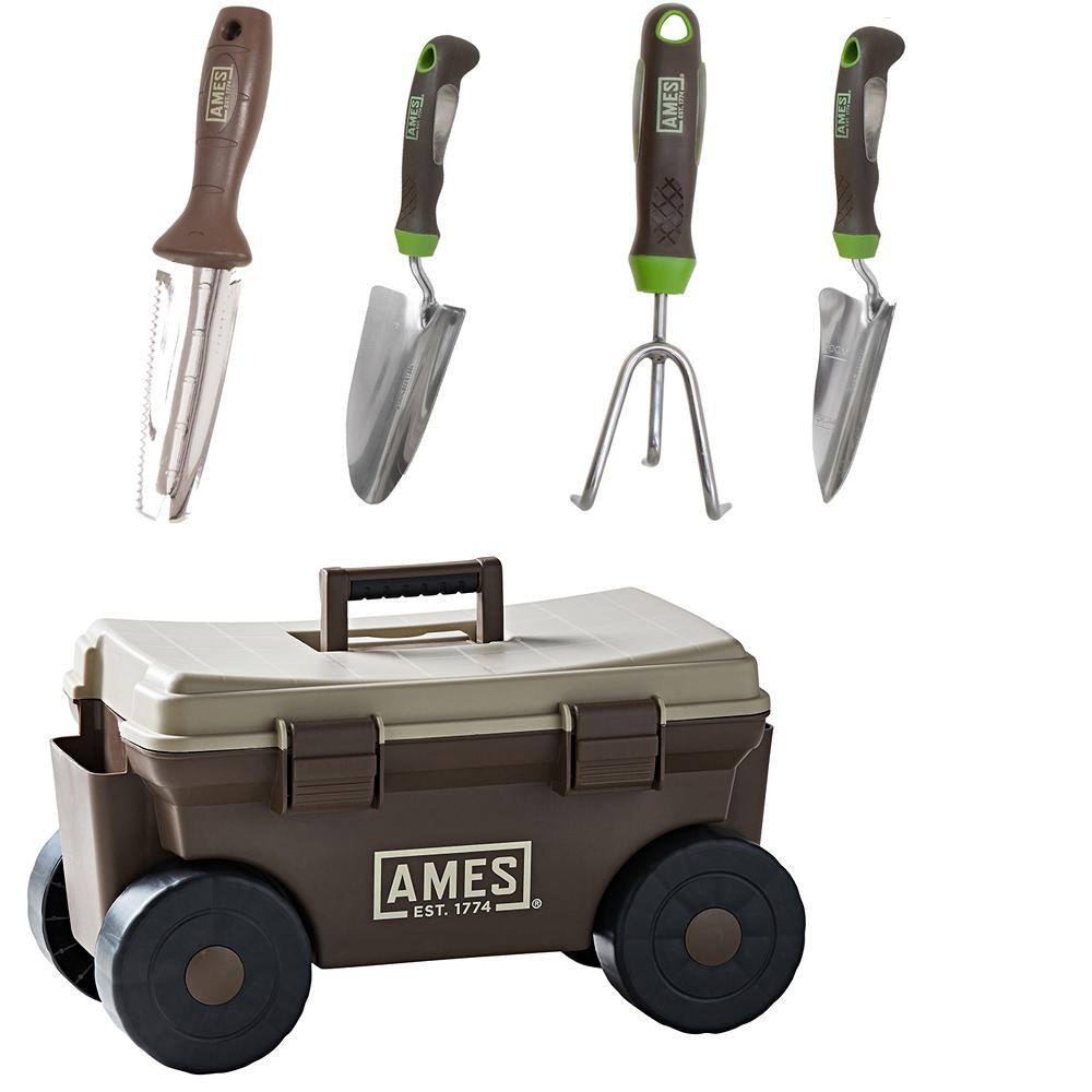 Ames 5-Piece Digging, Transferring, and Cultivating Garden Tool Set with Rolling Cart 10000-03450