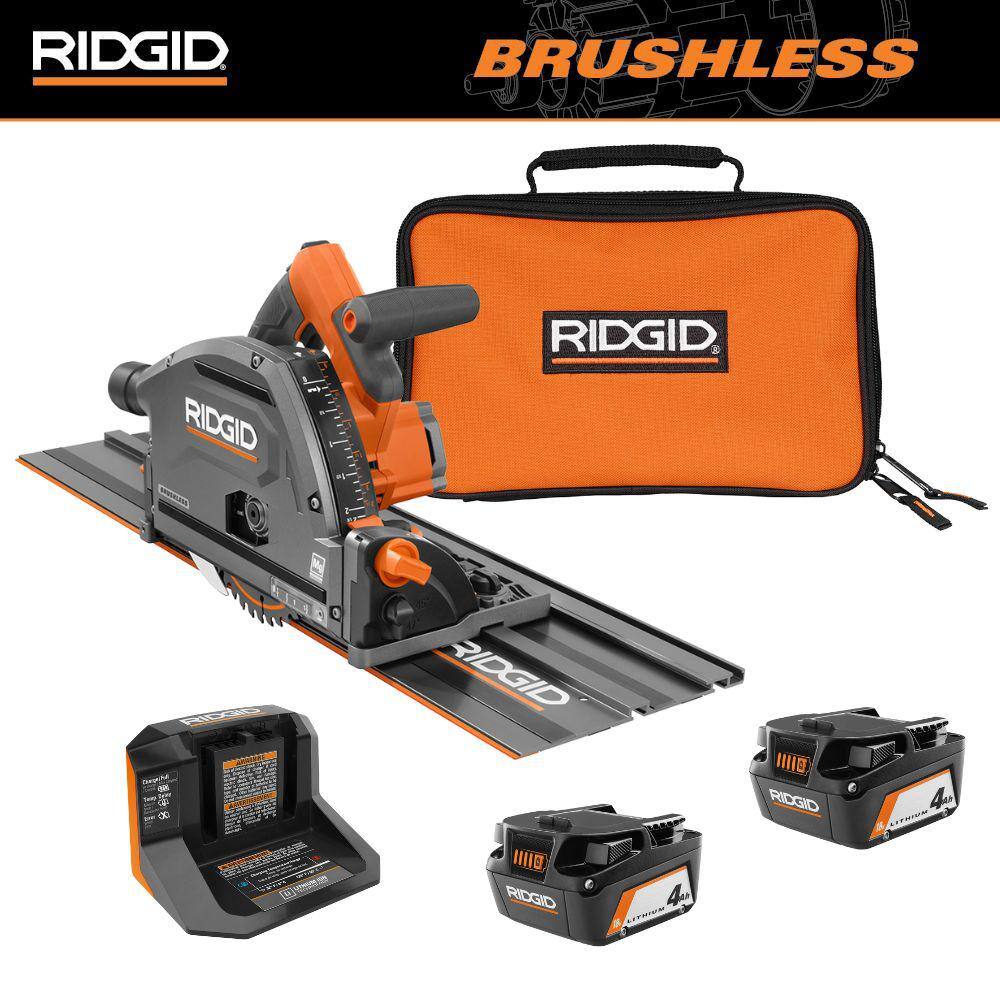 RIDGID 18V (2) 4.0 Ah Batteries and Charger Kit with 18V Brushless Cordless 6-1/2 in. Track Saw AC93044SBN-R48630B