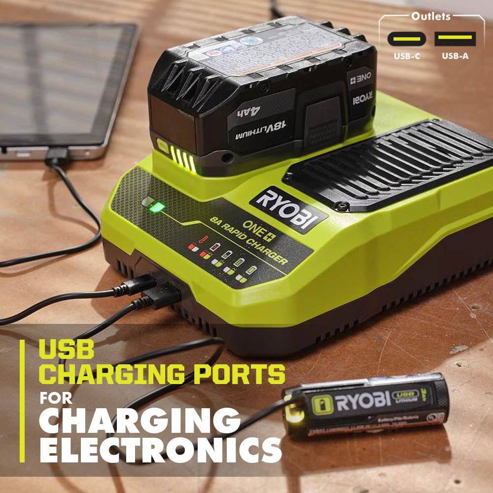 RYOBI ONE+ 18V 8A Rapid Charger with 6.0 Ah HIGH PERFORMANCE Battery (2-Pack) PCG008-PBP2007