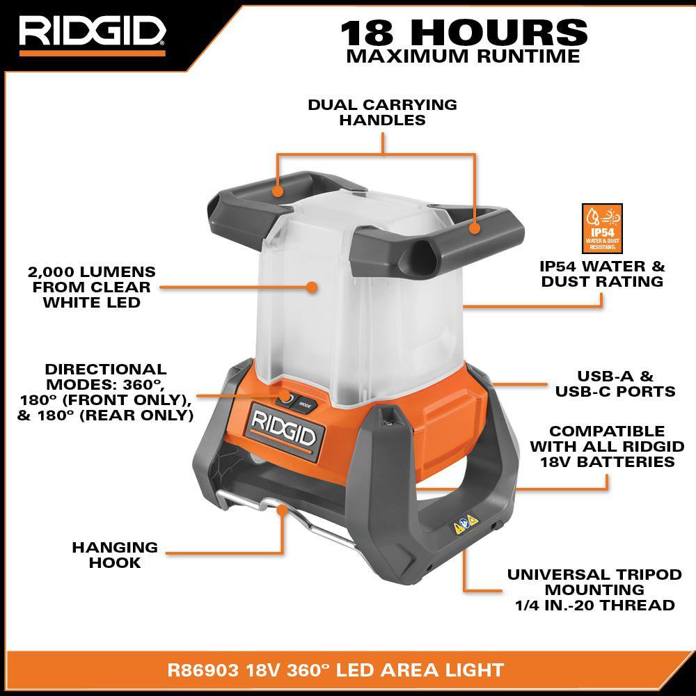 RIDGID 18V Cordless 360° Area Light Kit with (2) 4.0 Ah Batteries and Charger R86903B-AC93044SBN