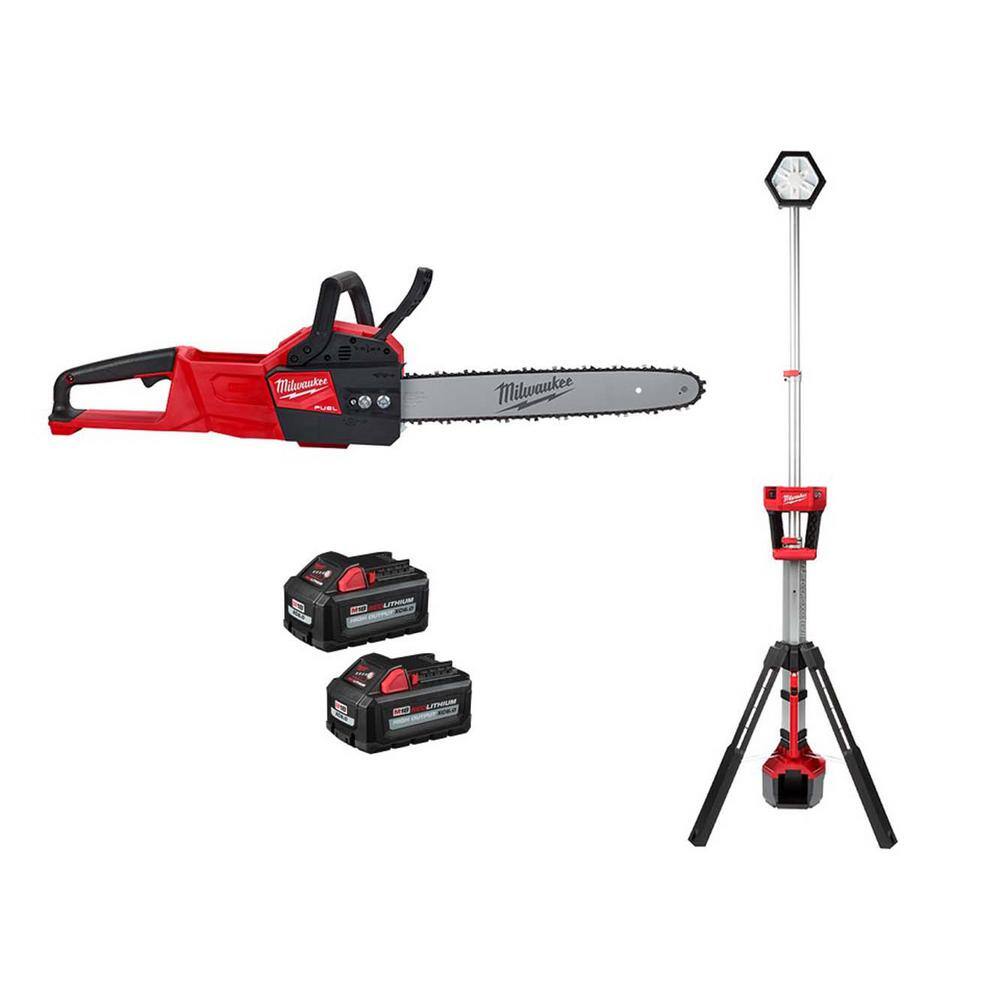 Milwaukee M18 FUEL 16 in. 18V Lith-Ion Brushless Battery Electric Chainsaw w/Rocket Dual Power Tower Light, Two 6Ah HO Batteries 2727-20-2131-20-48-11-1862