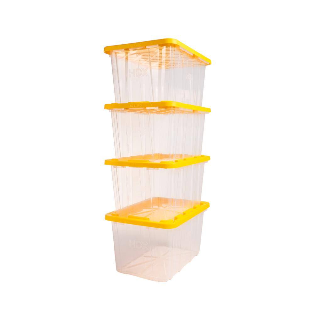 HDX 27 Gal. Tough Storage Tote in Clear with Yellow Lid (4-Pack) 999-HDX-27G-C4