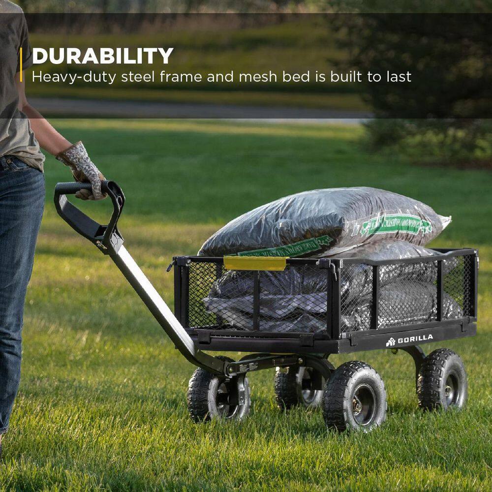 GORILLA CARTS 900 lb. Heavy-Duty Steel Utility Garden Cart, 4 cu. ft. Capacity, 10 in. Pneumatic Tires, 2-in-1 Pull or Tow Handle GCG-900