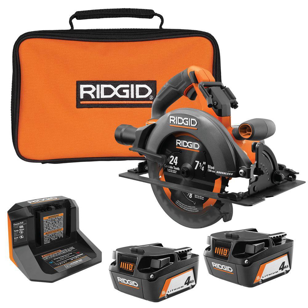 RIDGID 18V Brushless Cordless 7-1/4 in. Circular Saw with (2) 4.0 Ah Batteries, 18V Charger, and Bag R8657B-AC93044SBN