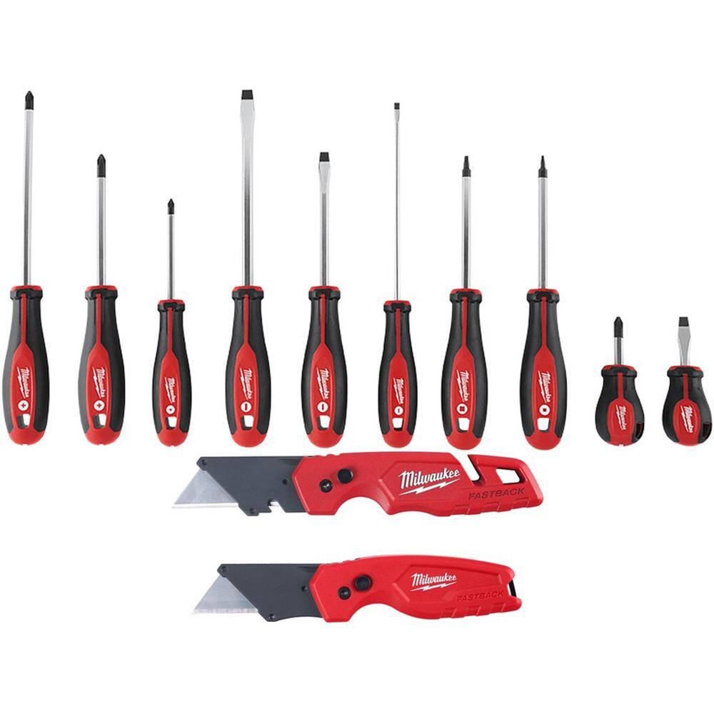 Milwaukee Screwdriver Set with Fastback Folding Utility Knife with Blade Storage and Compact Folding Utility Knife (12-Piece) 48-22-2710-48-22-1503