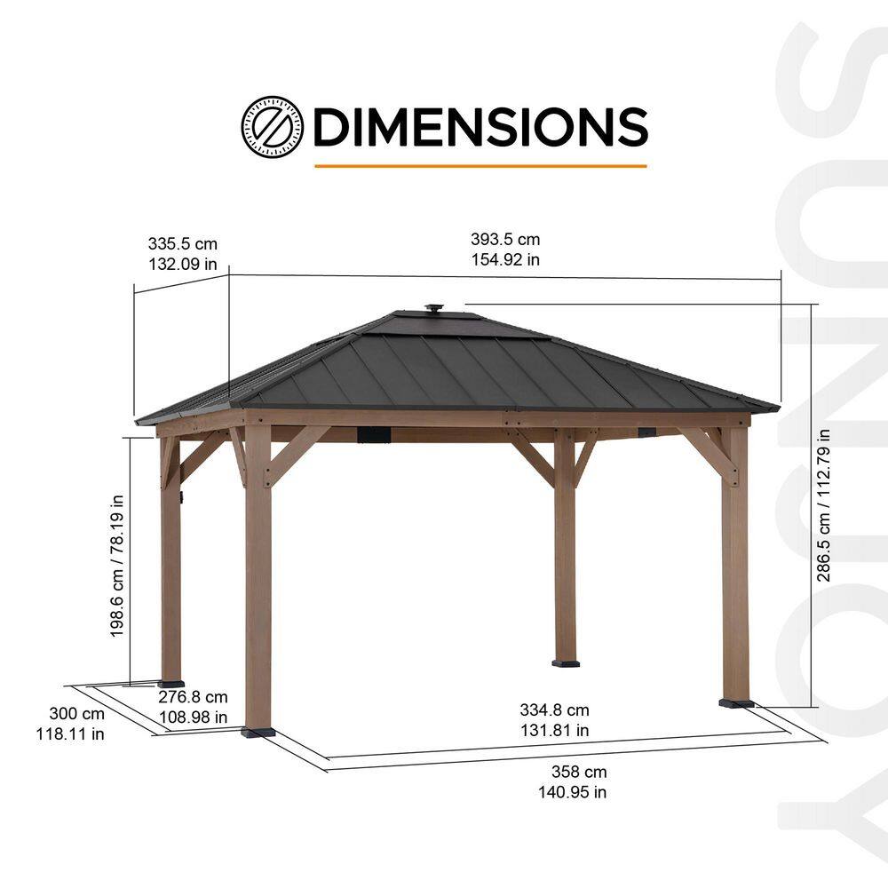 Sunjoy 11 ft. x 13 ft. Cedar Framed Gazebo with Brown Steel and Polycarbonate Hip Roof with Solar Powered LED Lights A102005891