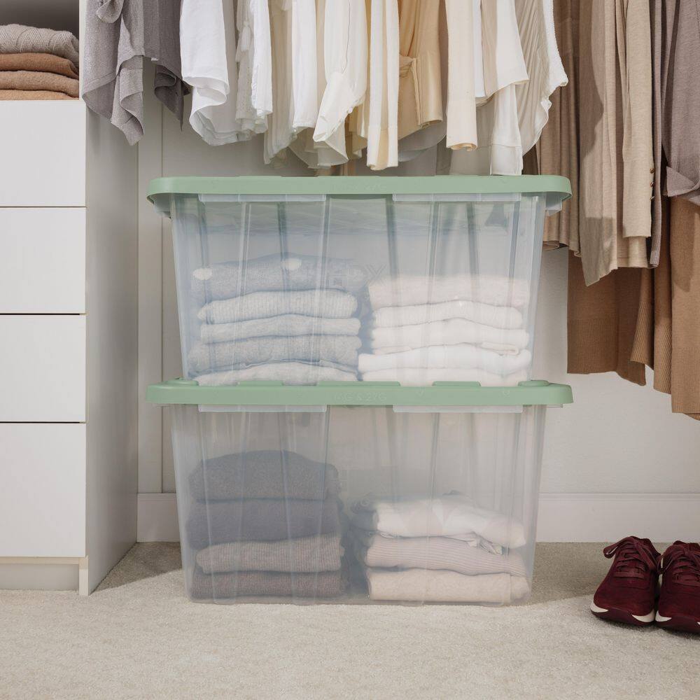 HDX 27 Gal. Tough Storage Tote in Clear with Versatile Green Lid (4-Pack) 999-HDX-272407C