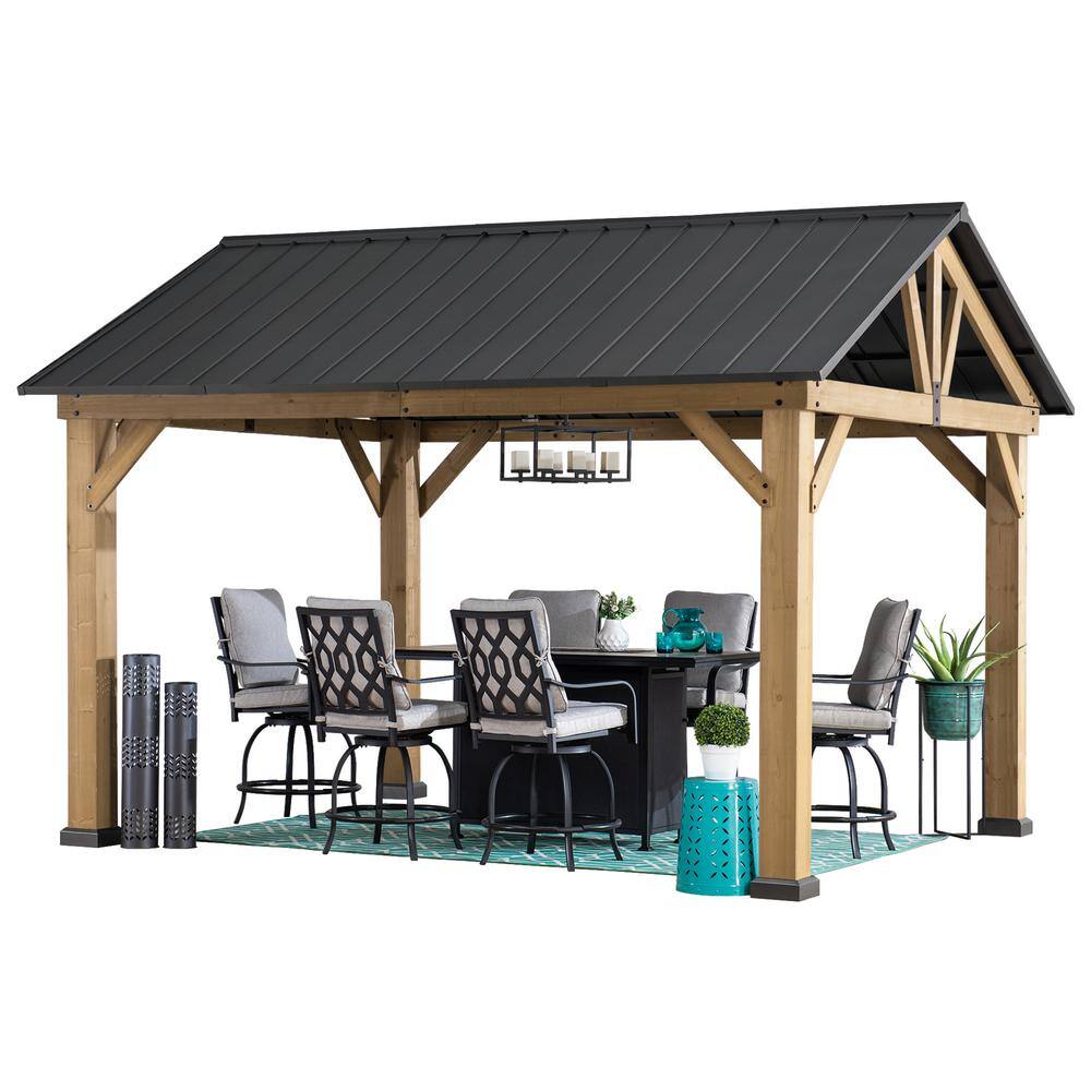 Sunjoy 11 ft. x 13 ft. Cedar Framed Gazebo with Matte-Black Steel Gable Hard Top Roof A102008001