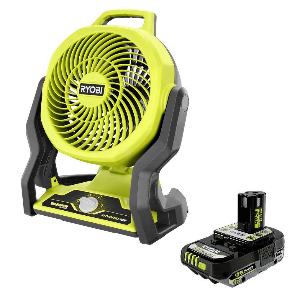 RYOBI ONE+ 18V Cordless Hybrid 7-1/2 in. Fan with 2.0 Ah Lithium-Ion HIGH PERFORMANCE Battery PCL811B-PBP003