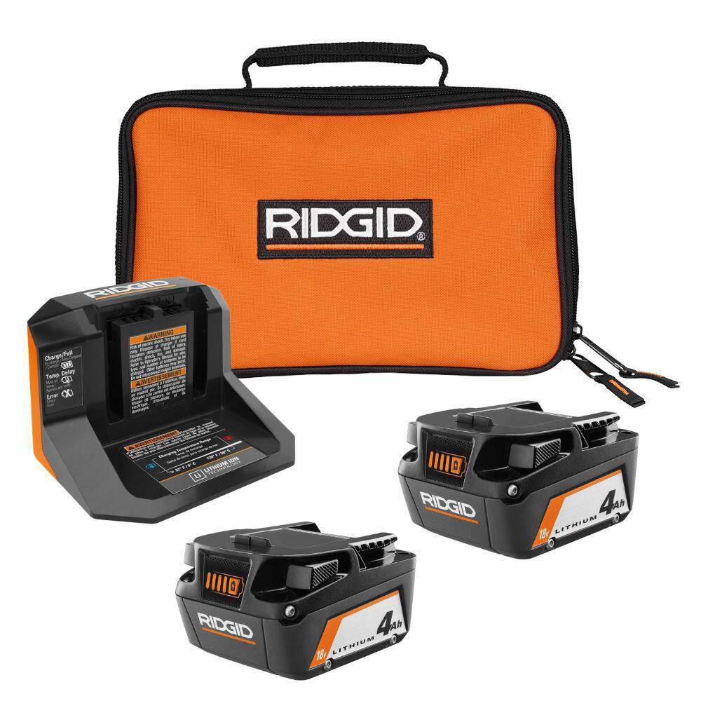 RIDGID 18V Lithium-Ion (2) 4.0 Ah Battery Starter Kit with Charger and Bag AC93044SBN