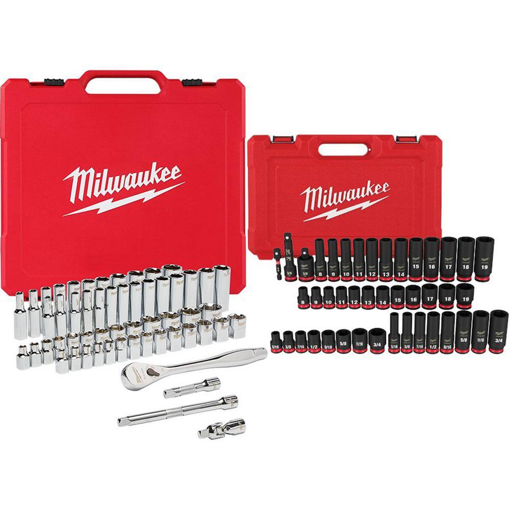 Milwaukee 3/8 in. Drive SAE/Metric Ratchet and Socket Mechanics Tool Set with 3/8 in. SAE/Metric Impact Socket Set (99-Piece) 48-22-9008-49-66-7009