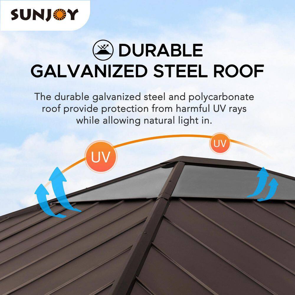 Sunjoy Macie Outdoor Patio 13 ft. x 15 ft. Brown Wooden Frame Backyard Hardtop Gazebo with Ceiling Hook A102007602