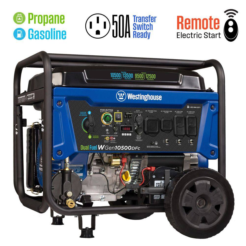 Westinghouse 13,500-Watt/10,500-Watt Remote Start Dual Fuel Gas and Propane Portable Generator with 50A Outlet, CO Sensor WGen10500DFc