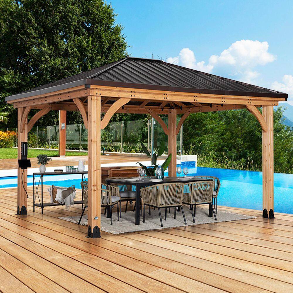 Backyard Discovery Barrington 14 ft. x 12 ft. All Cedar Wood Outdoor Gazebo Structure w/ Hard Top Steel Metal Hip Roof and Electric, Brown 2206045COM