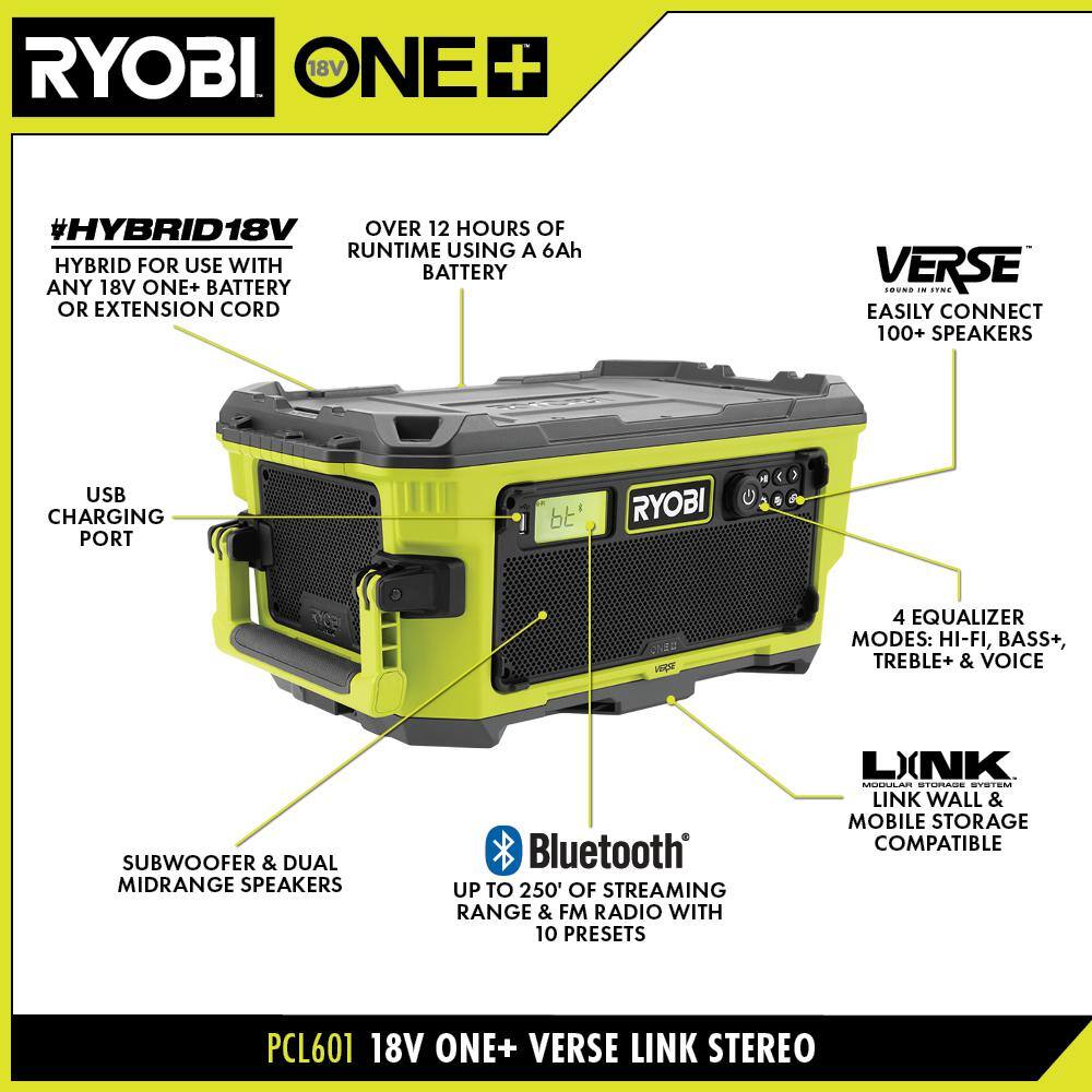 RYOBI ONE+ 18V Hybrid VERSE LINK Stereo and WHISPER SERIES 7-1/2 in. Fan (Tools Only) PCL601B-PCL811B