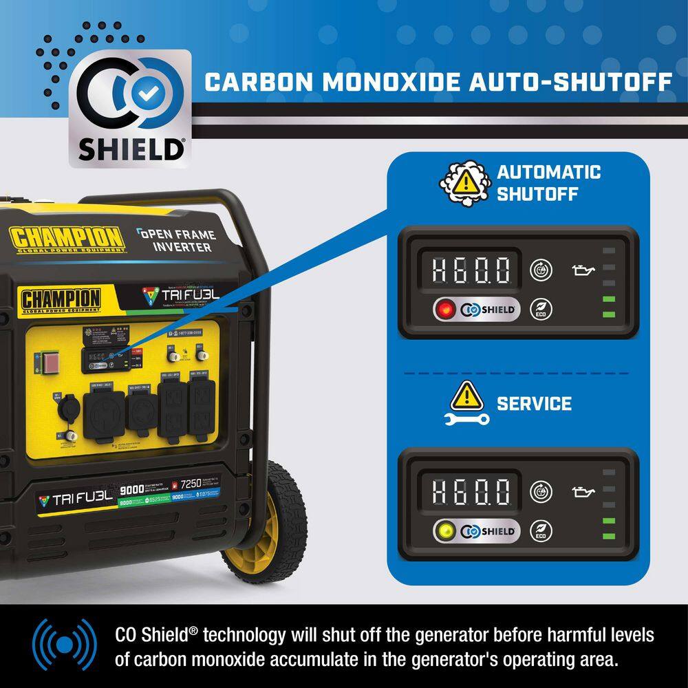 Champion Power Equipment 9000-Watt Electric Start Gasoline Propane and Natural Gas Tri Fuel Open Frame Inverter Generator, CO Shield, NG/LPG Hose 201176