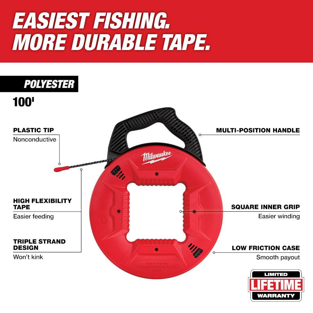 Milwaukee 13 in. x 100 ft. Polyester Fish Tape with Non-Conductive Tip and Rasping Jab Saw 48-22-4165-48-22-0104