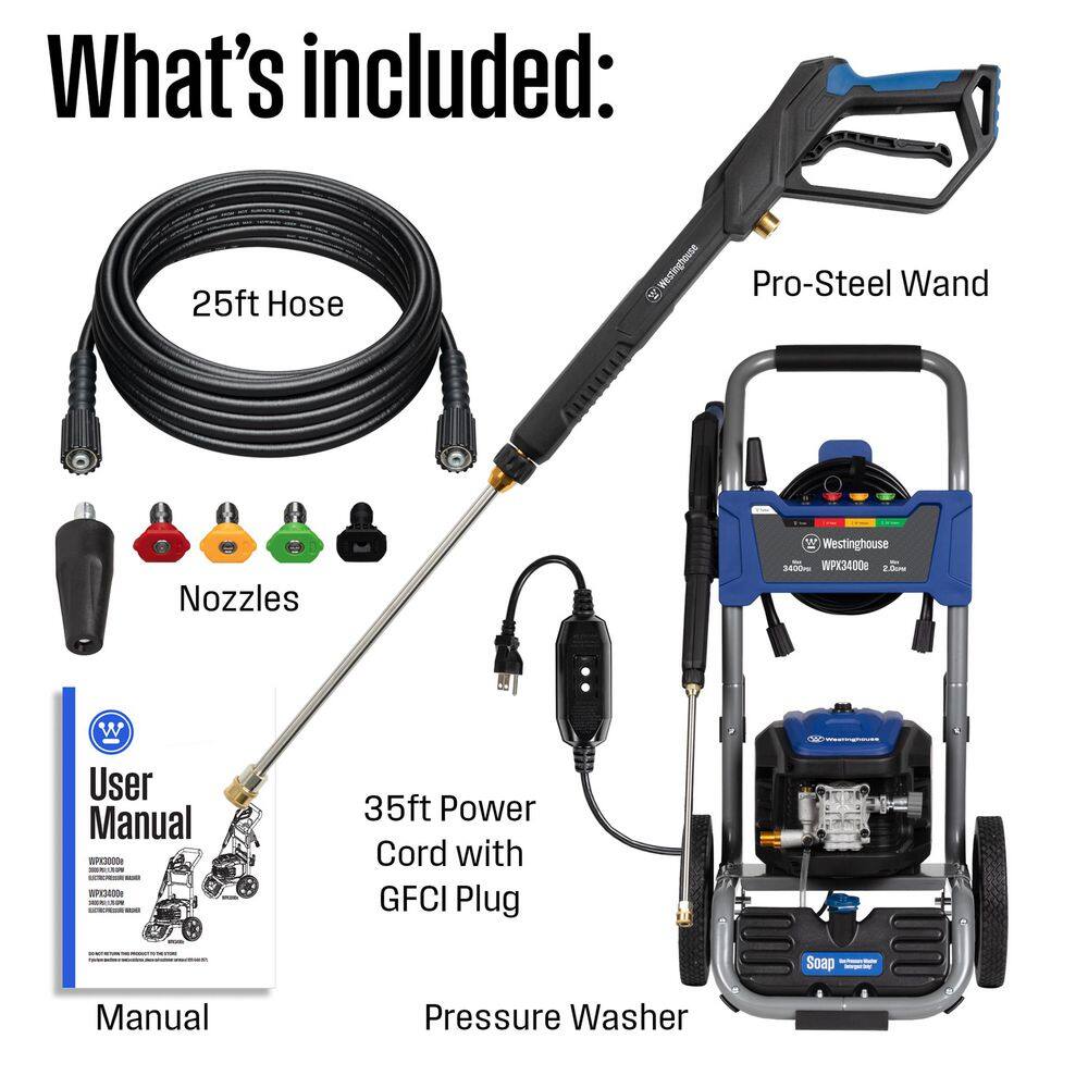 Westinghouse 3400 PSI 2 GPM 13 Amp Electric Powered Pressure Washer with Brushless Motor, Turbo Nozzle and 5 Quick Connect Tips WPX3400e