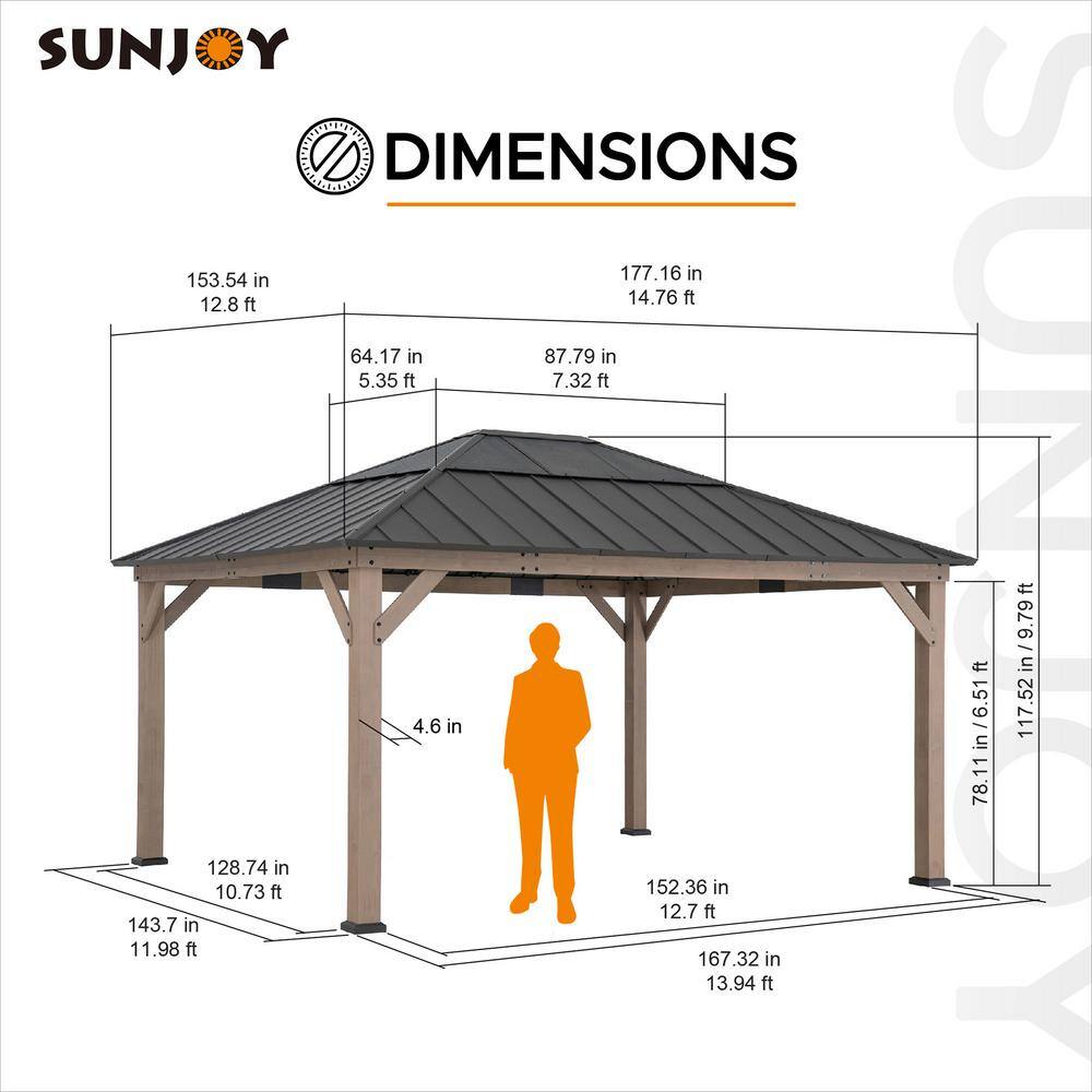 Sunjoy 13 ft. x 15 ft. Outdoor Patio Cedar Framed Wood Gazebo with Dark Brown Steel and Polycarbonate Hip Roof and Ceiling Hook A102007650