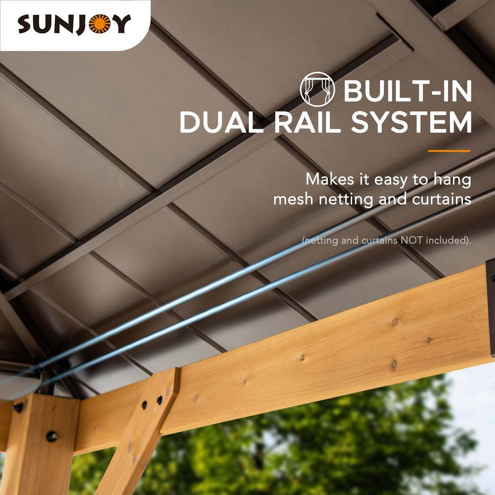 Sunjoy 11 ft. x 11 ft. Outdoor Patio Cedar Framed Hardtop Gazebo with Brown Steel Hip Roof and Frosted Polycarbonate Skylight A102007260