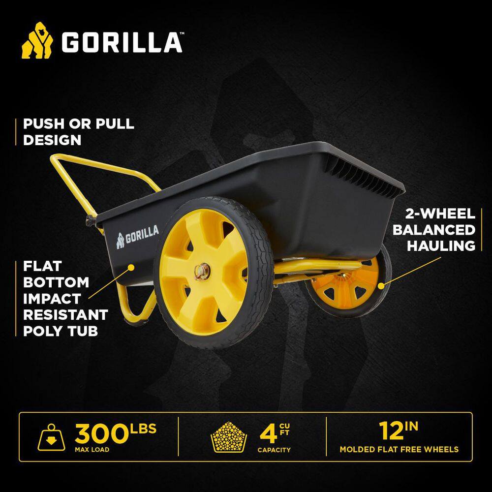 GORILLA CARTS 4 cu. ft. Poly Utility Garden Cart, 300 lbs. Capacity, 12 in. No-Flat Tires, Extra-Wide Foldable Handle GCR-4W