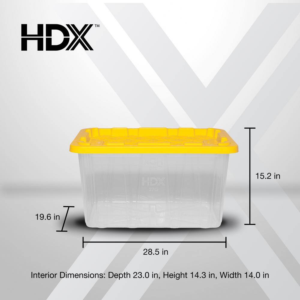 HDX 27 Gal. Tough Storage Tote in Clear with Yellow Lid (4-Pack) 999-HDX-27G-C4