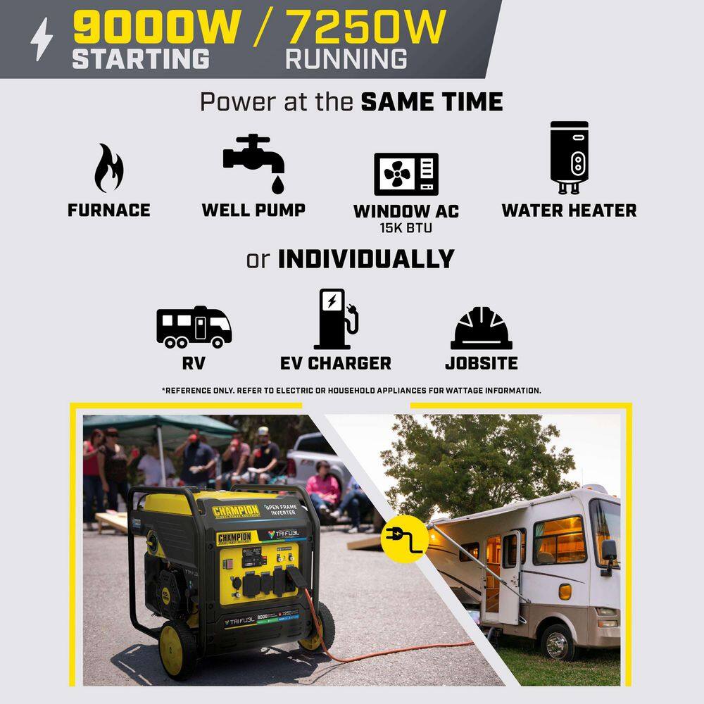 Champion Power Equipment 9000-Watt Electric Start Gasoline Propane and Natural Gas Tri Fuel Open Frame Inverter Generator, CO Shield, NG/LPG Hose 201176