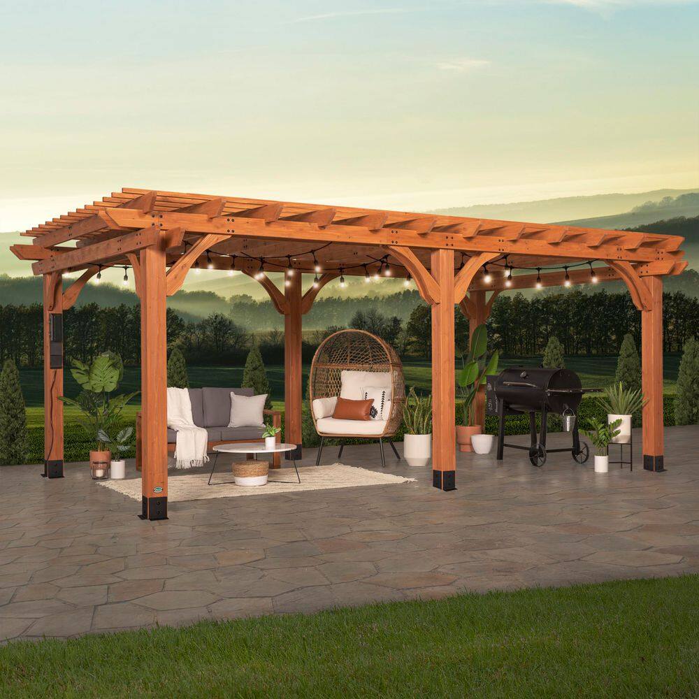 Backyard Discovery Beaumont 20 ft. x 12 ft. Light Brown Traditional Outdoor All Cedar Wood Patio Pergola Shade Structure with Electric 2101579COM