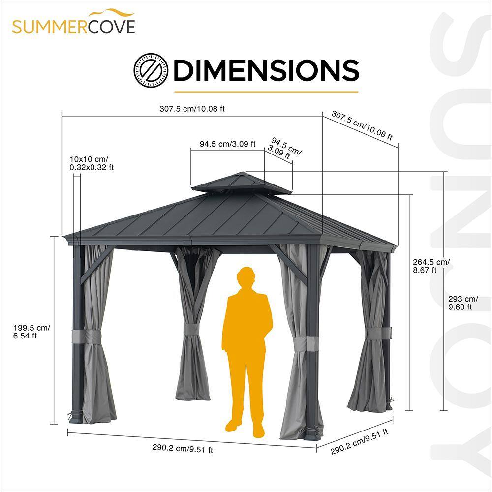 Sunjoy 10 ft. x 10 ft. Aluminum Frame and Black Power-Coated 2-Tier Steel Hardtop Gazebo for Backyard with Netting and Curtain A102012121
