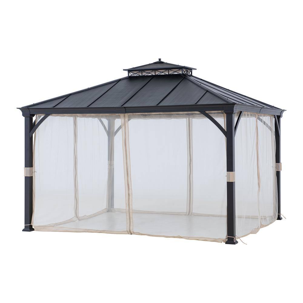 Sunjoy 11 ft. x 13 ft. Black Power-Coated 2-Tier Steel Roof Backyard Hardtop Gazebo with Metal Ceiling Hook and Netting A102006920
