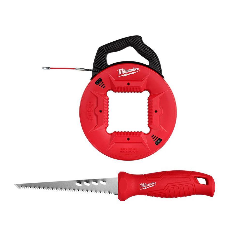 Milwaukee 100 ft. x 13 in. Polyester Fish Tape with Flexible Metal Leader and Rasping Jab Saw 48-22-4195-48-22-0104