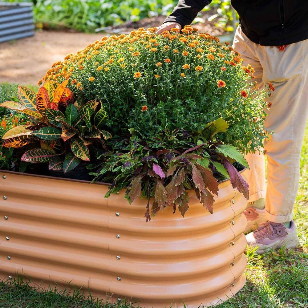 vego garden 32 in. Extra Tall Raised Garden Bed Kits 10-In-1 Modular Planter Box for Vegetable Flowers Fruits Oval Metal Terra Cotta VB10N132TC