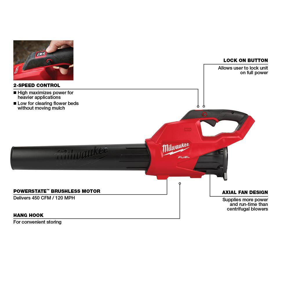 Milwaukee M18 FUEL 120 MPH 450 CFM 18V Lithium-Ion Brushless Cordless Handheld Blower w/Two 5Ah Batteries, Charger, Pole Saw 2724-20-48-59-1852B-2825-20PS