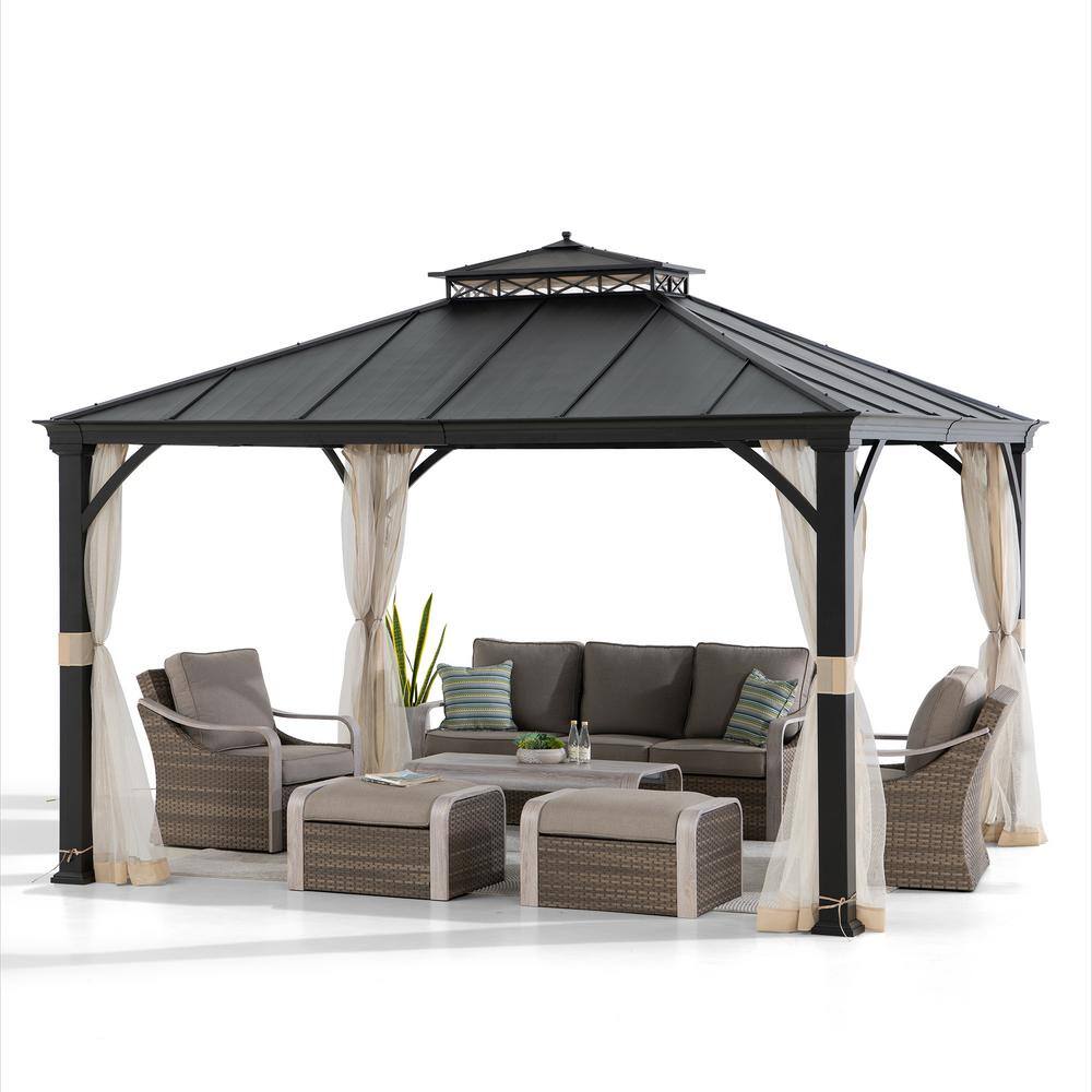Sunjoy 11 ft. x 13 ft. Black Power-Coated 2-Tier Steel Roof Backyard Hardtop Gazebo with Metal Ceiling Hook and Netting A102006920