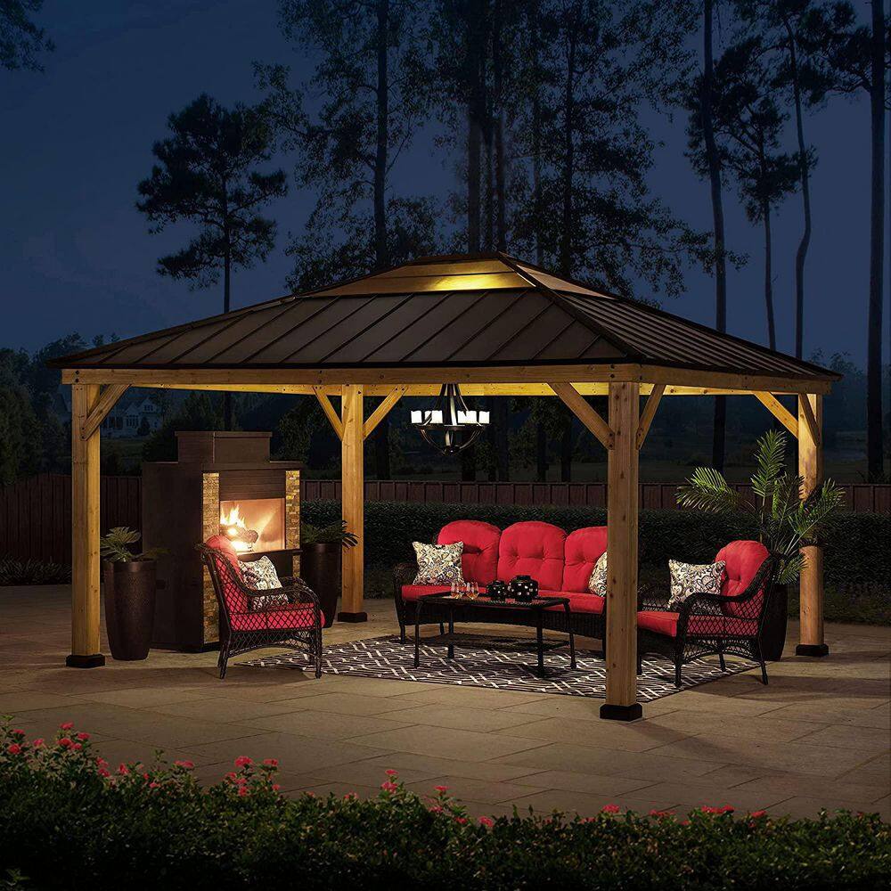 Sunjoy Macie Outdoor Patio 13 ft. x 15 ft. Brown Wooden Frame Backyard Hardtop Gazebo with Ceiling Hook A102007602