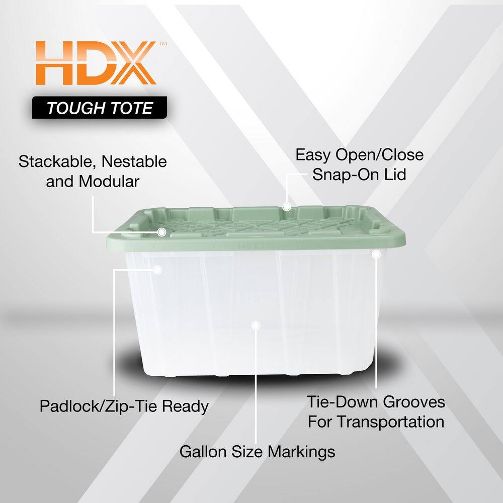 HDX 27 Gal. Tough Storage Tote in Clear with Versatile Green Lid (4-Pack) 999-HDX-272407C