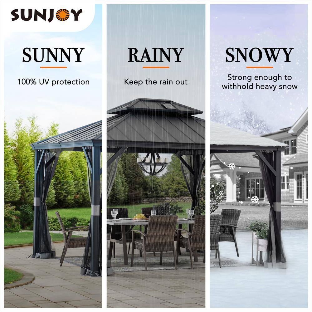 Sunjoy 10 ft. x 12 ft. 2-Tier Black Power-Coated Steel Hardtop Gazebo Patio Aluminum Frame Gazebo with Solar Panel and Netting A1020121C0