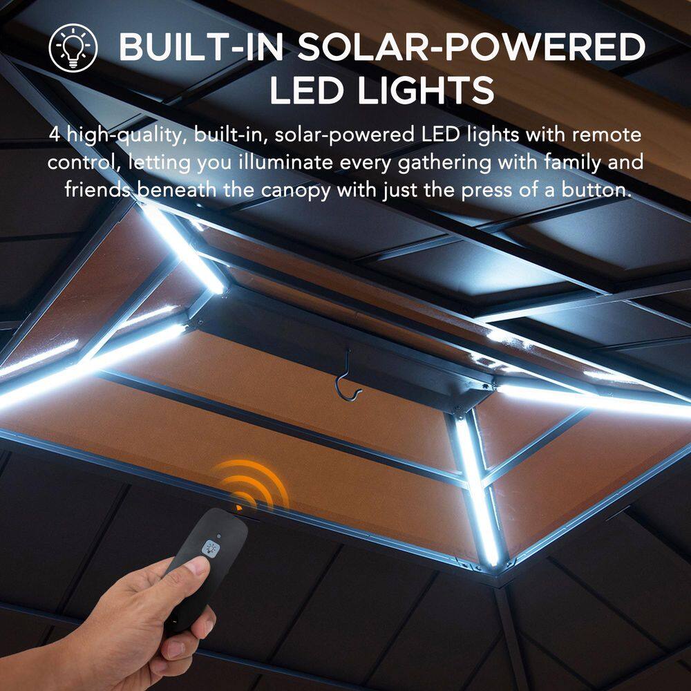 Sunjoy 11 ft. x 13 ft. Grayden Cedar Framed Gazebo with Black Steel and Polycarbonate Hip Roof with Solar Powered LED Lights A102005890