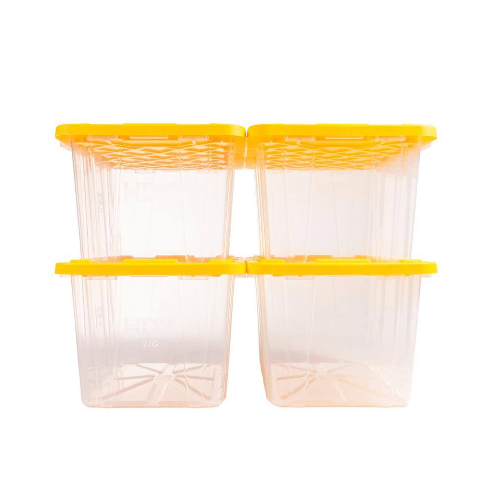 HDX 27 Gal. Tough Storage Tote in Clear with Yellow Lid (4-Pack) 999-HDX-27G-C4