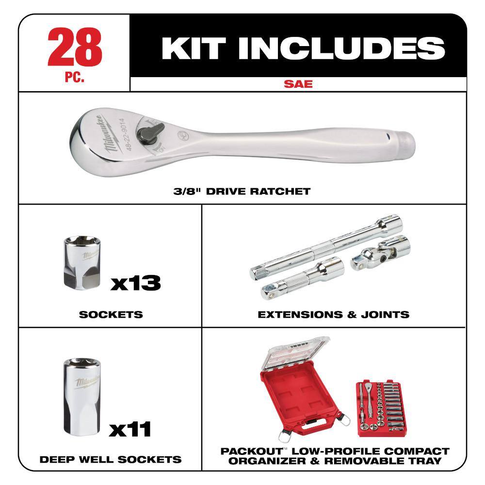 Milwaukee 3/8 in. Drive SAE Ratchet and Socket Mechanics Tool Set with Packout Case and Packout Mounting Plate (29-Piece) 48-22-9481-48-22-8485