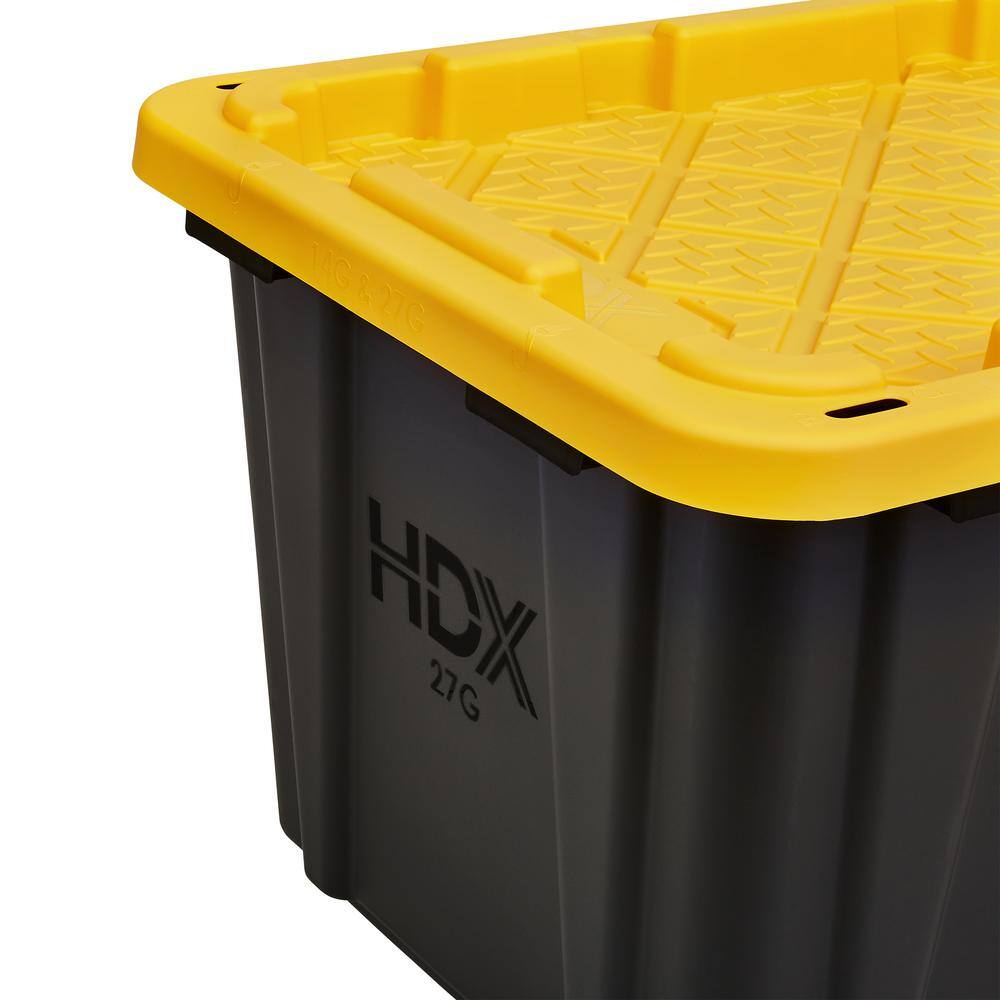 HDX 27 Gal. Tough Storage Tote in Black with Yellow Lid (4-Pack) 999-HDX-27G-4