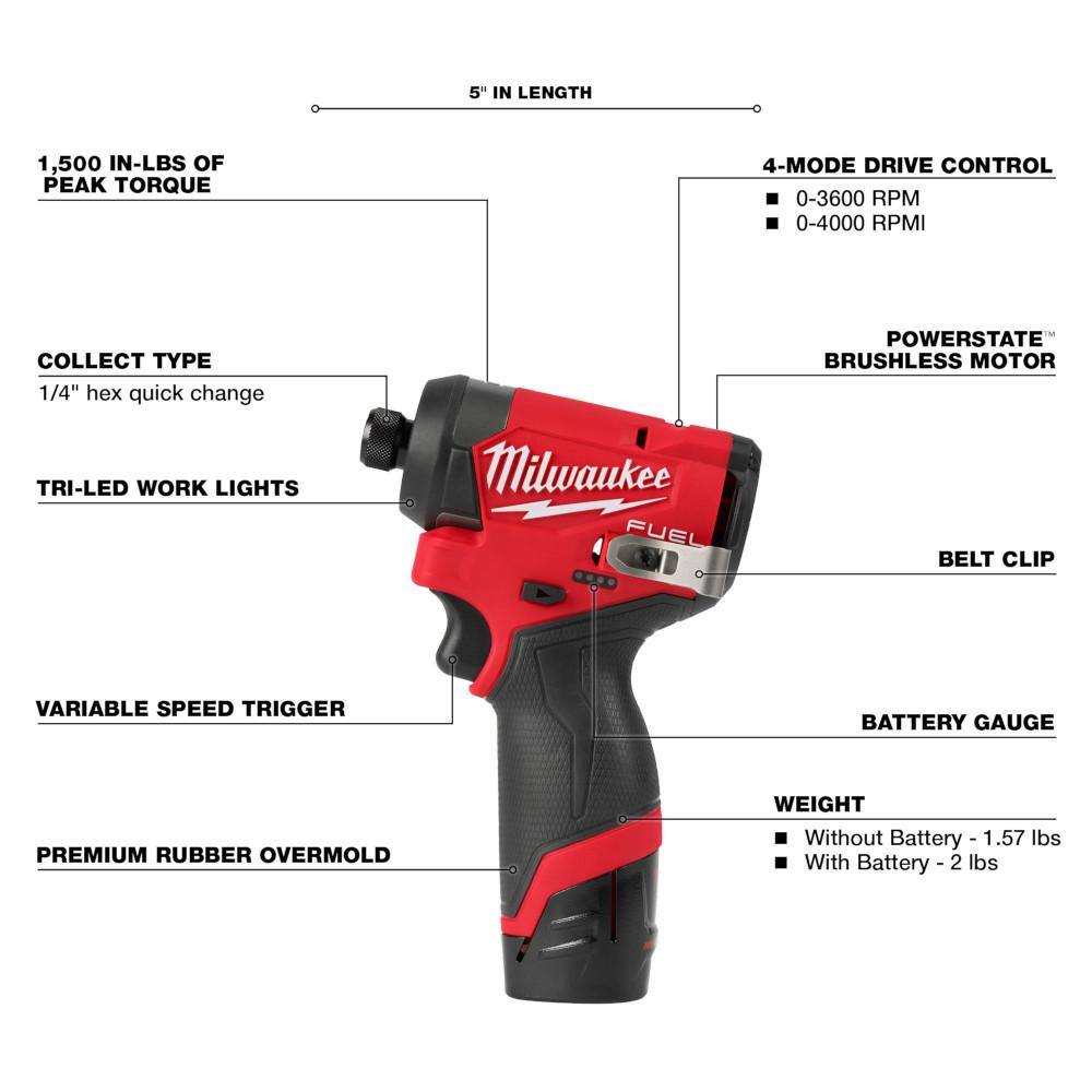 Milwaukee M12 FUEL 12-Volt Lithium-Ion Brushless Cordless Hammer Drill and Impact Driver Combo Kit w/4 Batteries and Bag (2-Tool) 3497-22-48-11-2412
